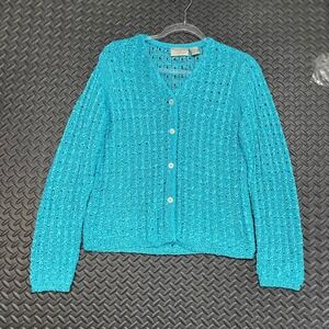 Nordstrom Blue‎ Knitted Crochet Style Button Up V Neck Sweater Women's Size M